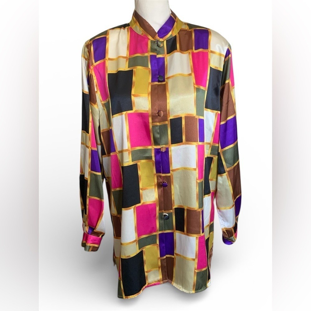 Christie & Jill Vintage Geometric Block Print Blouse Y2K XL Multicolor Retro